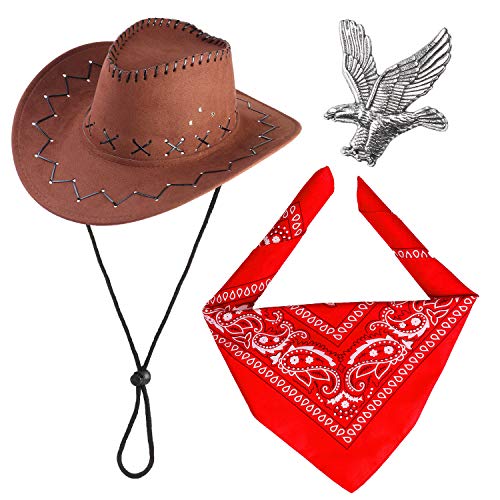 Haichen Western Cowboy Costume Accessories Set Sombrero de Vaquero Bandana Flying Eagle Pin Kit de Traje de Vaquero para la Fiesta de Halloween Dress Up (Marrón)