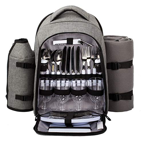 Hap Tim - Mochila de Picnic para 4 Personas con Manta de Forro Polar y Compartimento refrigerador, Color Gris