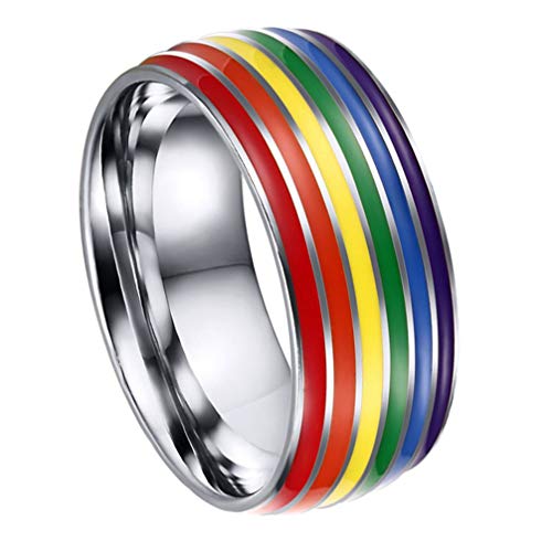 Happyyami 2Pcs Rainbow Ring LGBT Pride Anillo de Acero de Titanio Gay Lesbian Rainbow Band Ring 2. 3Cm (No. 9)