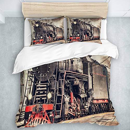 HATESAH Funda nórdica de 3 Piezas Tejido de Microfibra,Motor de Vapor Industrial Vintage con ferrocarril de Humo Antigua estación de Tren Retro Locomotora Vintage,con 2 Fundas de Almohada HATESAH Funda nórdica de 3 Piezas Tejido de Microfibra,Motor de Vapor Industrial Vintage con ferrocarril de Humo Antigua estación de Tren Retro Locomotora Vintage,con 2 Fundas de Almohada