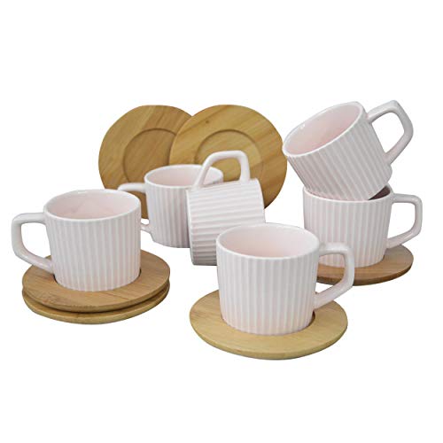 Hogar y Mas Juego de Café Natura Rosa Palo Moderno, 6 Tazas con Platos de Bambú. Tazas de Café 6 Unidades, 100 ml