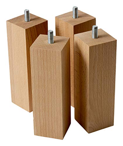 IPEA Juego de 4 Patas de Madera Natural rectangulares para Muebles y sofás – Juego de 4 Patas para armarios – Varios tamaños – Patas de Haya – Color Claro, Altura 180 mm