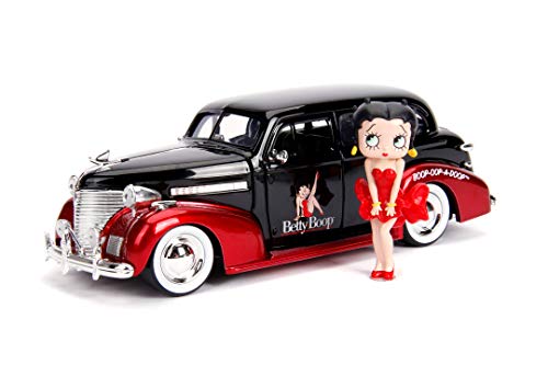 Jada Toys 253255016 1939 Chevy Master Deluxe Coche de Juguete de Die-Cast, Puertas Abiertas, Maletero y capó, Incluye Figura Betty Boop, Escala 1:24, Negro/Rojo