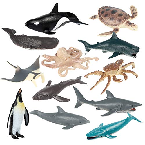 JOKFEICE Figuras de animales 12 pcs Realista Plástico Figuras de animales marinos Incluye Ballena Azul, Delfín, Jorobada etc. Proyecto de Ciencia, regalo de cumpleaños, Decoración de Pastel para niños