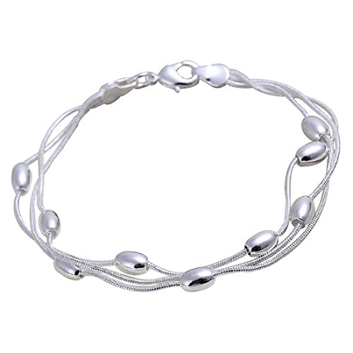 joyliveCY-Unique Fashion 925 ba?ado en plata cadena de joyer¨ªa mano pulsera de perlas de tres cadenas con Oval lisa