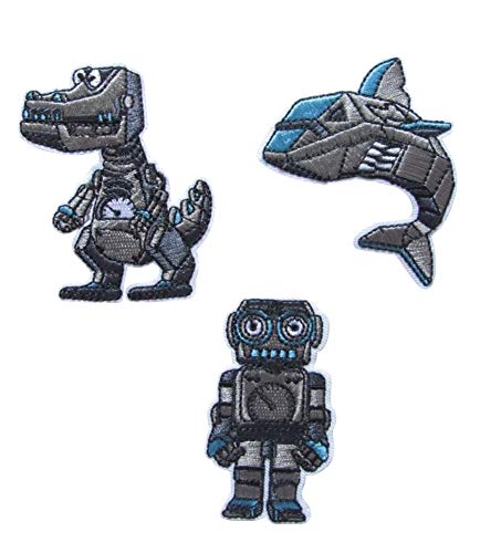 Juego de 3 parches termoadhesivos con diseño de robot, dinosaurio y tiburón.