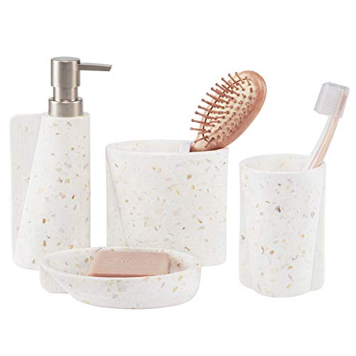 Juego de 4 Accesorios de Lavabo y Baño de Concha Natural con Jabonera Redonda Bote Dosificador Dispensador de Loción o Jabon Liquido Cepillo de Dientes Vasos Porta Dorada Rosa+Blanco Moderno