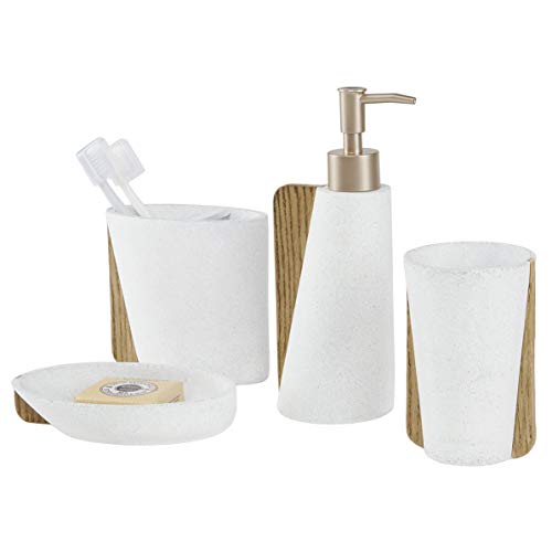 Juego de 4 Accesorios de Lavabo y Baño de Grano Madera Grava Natural con Dispensador de Loción o Jabon Liquido Bote Dosificador Vasos Porta Cepillo de Dientes Jabonera Redonda Marron+Blanco