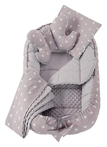 Juego de 5 piezas - Juego de nido de felpa con nido para bebé, 90 x 50 cm, extraíble, cojín plano, cojín para gatear, almohada para bebés, 100 % algodón (Estrellas blancas sobre gris con gris Minky) Juego de 5 piezas - Juego de nido de felpa con nido para bebé, 90 x 50 cm, extraíble, cojín plano, cojín para gatear, almohada para bebés, 100 % algodón (Estrellas blancas sobre gris con gris Minky)