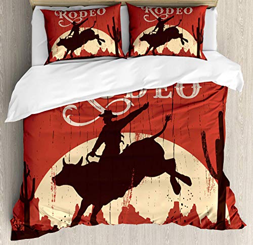 Juego de funda nórdica vintage, Rodeo Cowboy Riding Bull Letrero de madera del viejo oeste Letrero de desierto al atardecer, Juego de cama decorativo con 3 fundas de almohada, Marrón naranja REINE / F