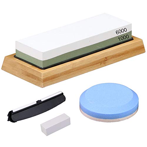Juego de piedra de afilar cuchillos 1000/6000 240/400 grano, afilador de piedras de agua para cocina con base de bambú antideslizante, soporte de goma, piedra de aplanamiento y guía de ángulo Juego de piedra de afilar cuchillos 1000/6000 240/400 grano, afilador de piedras de agua para cocina con base de bambú antideslizante, soporte de goma, piedra de aplanamiento y guía de ángulo