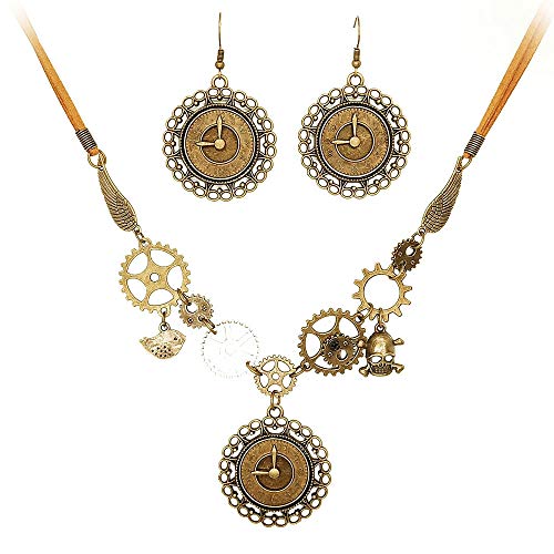 Juland Steampunk Gears - Collar con colgante vintage de bronce y plata, reloj de reloj de mano, engranaje de mano, engranaje cinético hecho a mano, juego de collar y pendientes – Y503