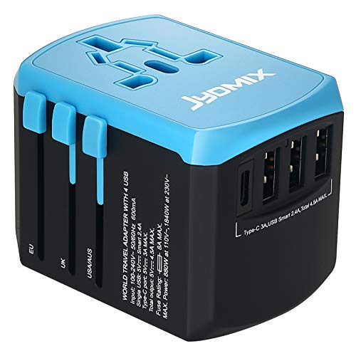 JYDMIX Adaptador de Corriente de Viaje USB Universal，3 Puertos USB Y de Tipo C Cargador de Pared Internacional Universal Enchufe AC Enchufe AC 8 Pines Multipaís (Blue)