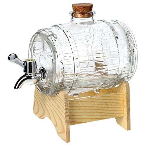 Kadax - Dispensador de bebidas de cristal en forma de barril con grifo, dispensador transparente con base de madera, dispensador de alcohol, ideal para whisky, brandy, zumos, limonada (1 L)