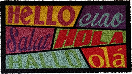 koko doormats Felpudo para Entrada de Casa Hello Hola Ciao Original y Divertido/Nylon con Base de PVC, 70x40 cm, Multicolor