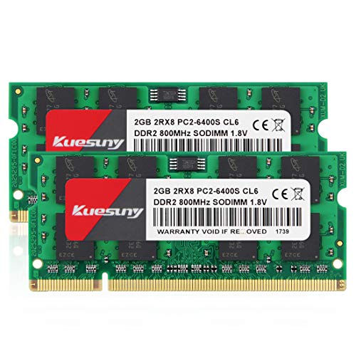 Kuesuny 4GB Kit (2x2GB) PC2 6400 2Rx8 PC2-6400S CL6 DDR2 SODIMM 800MHZ 1.8V DDR2-800 200pin Non-ECC Memoria RAM para computadora portátil SODIMM sin búfer para iMac Intel, Sistema AMD
