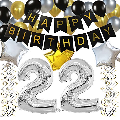 KUNGYO Clásico Decoración de Cumpleaños -“Happy Birthday” Bandera Negro;Número 22 Globo;Balloon de Látex&Estrella, Colgando Remolinos Partido para el Cumpleaños de 22 Años