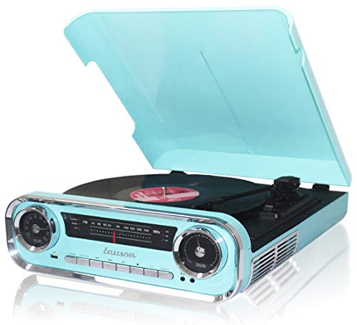 Lauson 01TT18 Tocadiscos Diseño Vintage Coche de Colección con 2 Altavoces Estéreo Integrado de 3 W | Tocadisco Vinilo con Radio FM, Función Bluetooth, USB, AUX | 3 Velocidades (33, 45, 78) (Azul)
