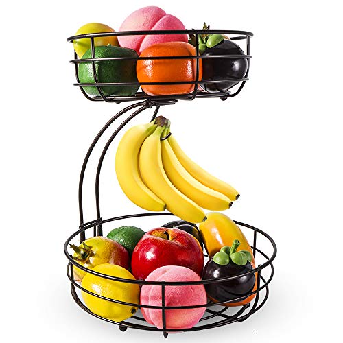 Lekind Frutero de 2 niveles, soporte para plátanos, frutero, cuenco de metal para más espacio en la encimera, soportes con fruteros, cesta decorativa (bronce)