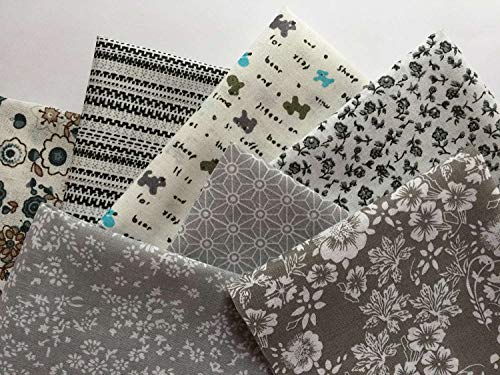 Lena: bonito paquete de tela de algodón con 7 piezas en gris, aprox. 24 x 24 cm, gran mezcla de patrones de tela: flores, lunares, rayas, cuadros, etc.