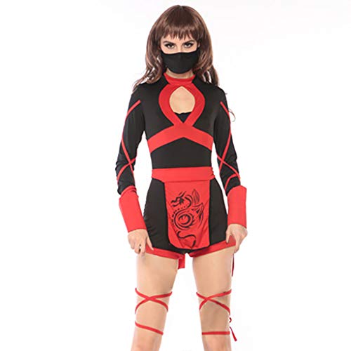 Lenfesh Black Fashion Women Halloween Creative Cosplay Disfraz Japonés Bushido Ninja Vintage Style Dress con 1PC, cinturón 1PC, Cinta de Pierna 1PC
