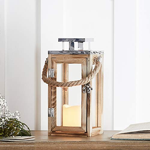 Lights4fun Farolillo Pequeño de Madera de 26 cm con Vela LED a Pilas y Asa de Cuerda Lights4fun Farolillo Pequeño de Madera de 26 cm con Vela LED a Pilas y Asa de Cuerda