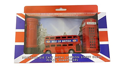 Londres calle escena - Juego de 3 sacapuntas Metal fundido/rojo caja de teléfono/Routemaster/de autobús de dos pisos caja de correos británica/ UK Souvenir/Unión Jack Box/para escuela oficina casa