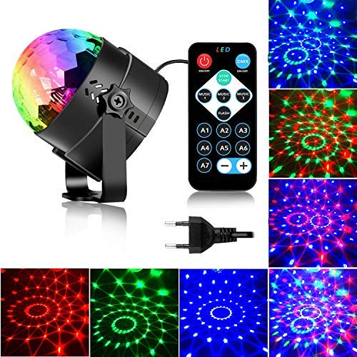 Luces de fiesta activadas por sonido con control remoto Iluminación de DJ, bola de discoteca RBG, lámpara estroboscópica 7 modos de luz de escenario para fiestas de baile en casa, cumpleaños, DJ