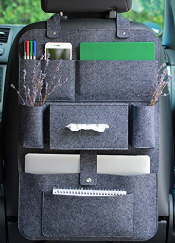 LuckySign Organizador para asiento trasero de coche con fieltro de bolsillo múltiple, 62 x 41 cm, color gris oscuro