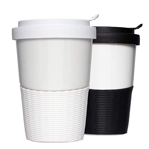 Mahlwerck Wave - Juego de tazas de café para llevar (porcelana, con tapa antigoteo, 350 ml), color blanco y negro