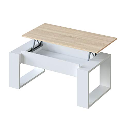 Mesa de Centro Elevable, Mesita de Salon, Comedor, Modelo Nova, Acabado en Blanco Artik y Roble Canadian, Medidas: 105 cm (Largo) x 55 cm (Ancho) x 45-54 cm (Alto)