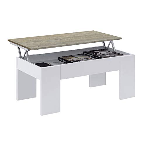 Mesa de Centro Elevable, Mesita de Salón o Comedor, Modelo LC, Acabado en Color Blanco Artik y Roble Alaska, Medidas: 100 cm (Ancho) x 50 cm (Fondo) x 45-56 cm (Alto)