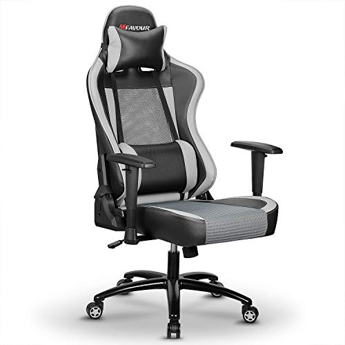 mfavour MFAVOR, Silla de Juegos,Silla Gaming, Silla de Computadora con Reposacabezas y Almohada Lumbar, Altura Ajustable del Asiento y Reposabrazos, Inclinación del Respaldo 165 ° (Gris)