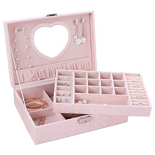 MINGZE Joyero - Joyero Organizador con Espejo Caja de Almacenamiento de Joyas de Dos Capas de la PU con Caja de joyería de Viaje, Perfecto como Regalo para niñas, Fiesta (Rosa Claro)