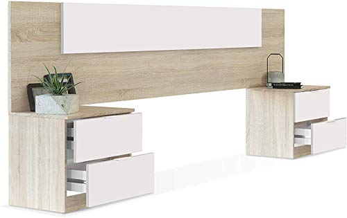 Mobelcener – Cabezal y 2 Mesitas de Noche – Cabecero Matrimonio y 2 Mesitas de Noche – Color Roble Canadian y Blanco Artik - Medidas: Ancho: 247 cm x Fondo: 38 cm x Alto: 95 cm - (0908) Mobelcener – Cabezal y 2 Mesitas de Noche – Cabecero Matrimonio y 2 Mesitas de Noche – Color Roble Canadian y Blanco Artik - Medidas: Ancho: 247 cm x Fondo: 38 cm x Alto: 95 cm - (0908)