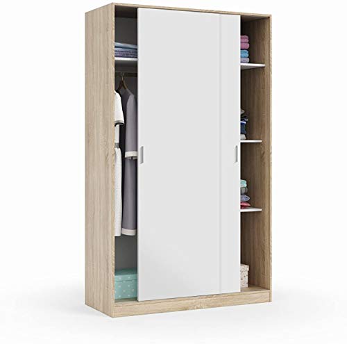 Mobelcenter – Armario 2 Puertas Correderas – Armario Matrimonio o Juvenil - Acabado Color Blanco Artik y Roble Canadian – Medidas: Ancho: 120 cm x Fondo: 50 cm x Alto: 200 cm - (0907)