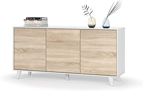 Mobelcenter - Mueble Aparador Moderno - Color Blanco Brillo y Roble Canadian - 3 Puertas - Medidas: Ancho: 154 cm x Fondo: 41 cm x Alto: 75 cm - (0737)