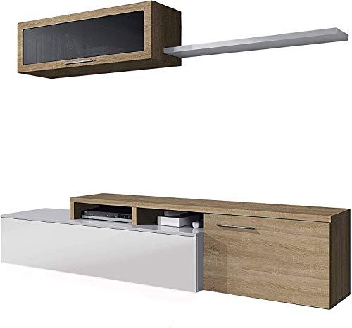 Mobelcenter – Mueble de Salón Comedor Moderno Nexus – Módulo TV, Módulo Superior y Estante – Acabado Color Roble Canadian y Blanco Brillo – Medidas: Ancho: 200 cm x Fondo: 41 cm x Alto: 44 cm - (0896)