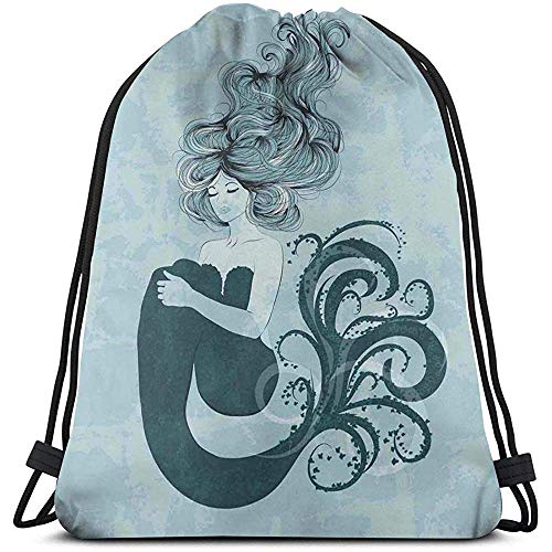 Mochila con cordón, bolsa de cordón, diseño de sirena durmiente, con pelo ondulado, efecto dibujado a mano, bolsa de gimnasio, bolsa de viaje, paquete de cincha deportiva