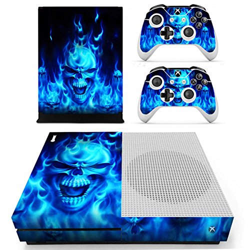 Morbuy Xbox One S Skin Vinly Pegatinas Protective Consola Sticker Decal + 2 Controlador Skins Set (Skull Fire Blue)