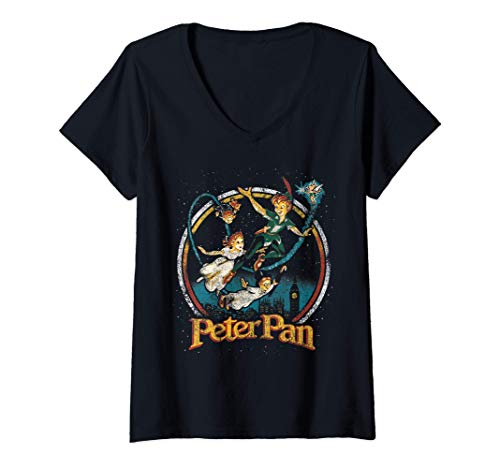 Mujer Disney Peter Pan Vintage Style Group Shot Logo Camiseta Cuello V