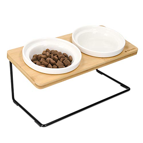 Navaris Set de 2 Cuencos elevados para Mascotas - Comedero y Bebedero Doble de cerámica para Perros y Gatos - con Soporte de bambú y Metal - 500 ML Navaris Set de 2 Cuencos elevados para Mascotas - Comedero y Bebedero Doble de cerámica para Perros y Gatos - con Soporte de bambú y Metal - 500 ML