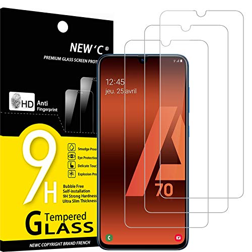 NEW'C 3 Unidades, Protector de Pantalla para Samsung Galaxy A70, Antiarañazos, Antihuellas, Sin Burbujas, Dureza 9H, 0.33 mm Ultra Transparente, Vidrio Templado Ultra Resistente