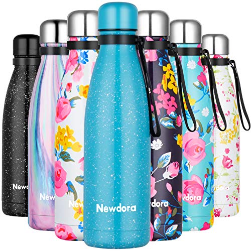 Newdora Botella de Agua Deportiva de Acero Inoxidable, Cantimplora Termo con Doble Aislamiento para 12 Horas de Bebida Caliente y 24 Horas de Bebida Fría, 500ML, Nieve Blanca y Azul