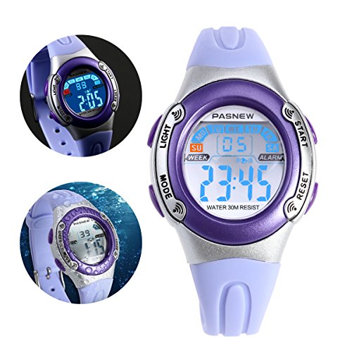 NICERIO PASNEW PSE-226 impermeables niños chicos chicas LED Digital deportes reloj con alarma de fecha /Stopwatch (luz violeta)
