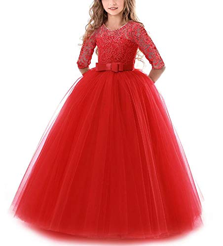 NNJXD Chicas Pompa Bordado Vestido de Bola Princesa Boda Vestir Talla(150) 9-10 años 378 Rojo-A