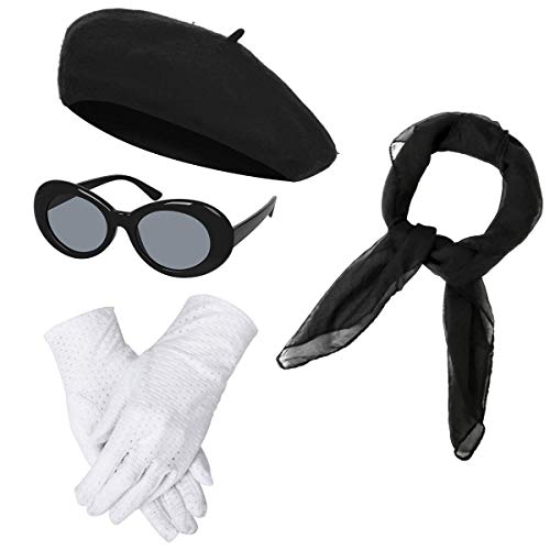 NUWIND - Accesorios de Vestuario de los años 40 para Mujer, Gorro Francés de Boina, Bufanda de Gasa, Guantes, Gafas de Sol ovales Retro (Negro)