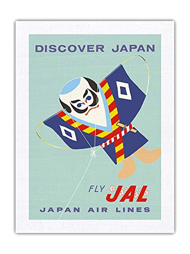 Pacifica Island Art Discover Japan - Póster de Japón - Samurai japonés Kite - Fly Japan Air Lines - Vintage Airline Travel Poster c.1950-100% seda pura Dupioni, impresión en tela de 24 x 32 pulgadas