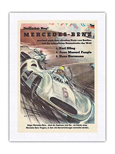 Pacifica Island Art Póster de Mercedes Benz del Gran Premio de Berlín de Fórmula 1 Racing de Hans Liska c.1954 – 100% seda pura Dupioni, impresión en tela de 45,7 x 60,9 cm