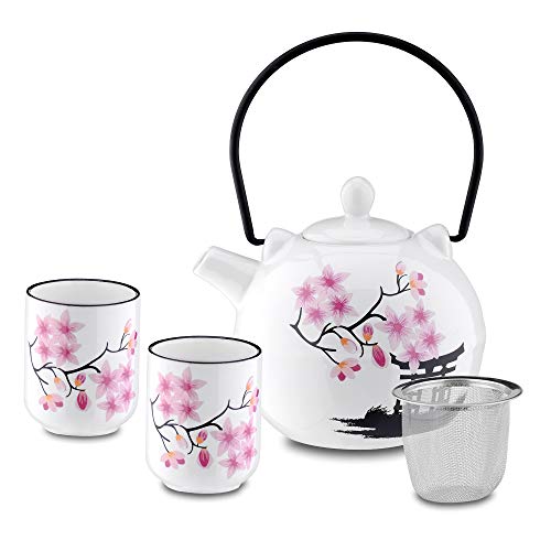 Panbado Juego de Té de Porcelana Japonesa, Contiene 1 Tetera de 700 ml con 2 Tazas de Té de 150 ml y Colador de Té de Acero Inoxidable, Decoración de Cerezos en Flor Torii
